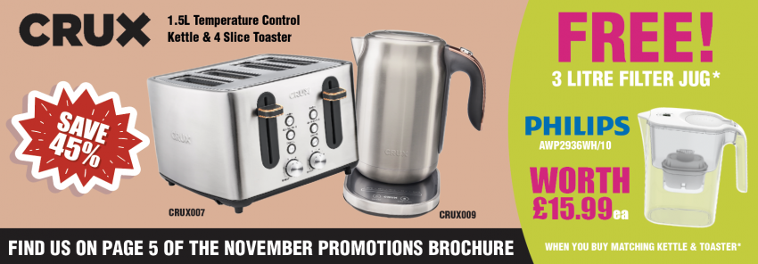 Get a FREE Philips Water Filter Jug when you buy matching Kettle & Toaster from Crux Get a FREE Philips Water Filter Jug when you buy matching Kettle & Toaster from Crux